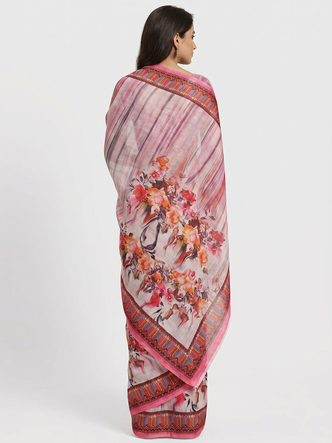Off-White-Pink Casual Wear Floral Digital Printed Linen Saree - Image 3