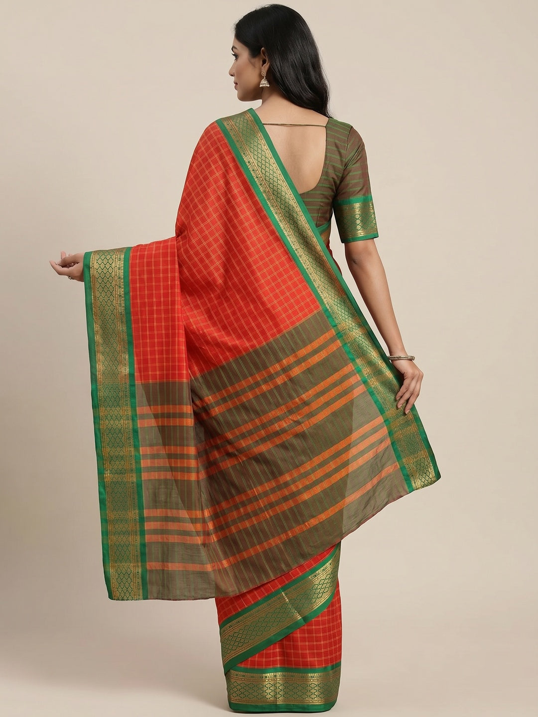 Red Festive Wear Checks With Woven Border Cotton Silk Saree - Image 2