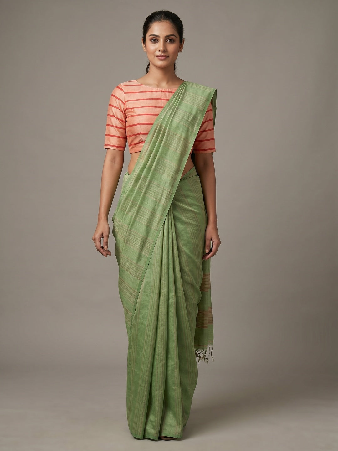 Elegant Green Cotton Silk Saree with Subtle Stripes - Image 1