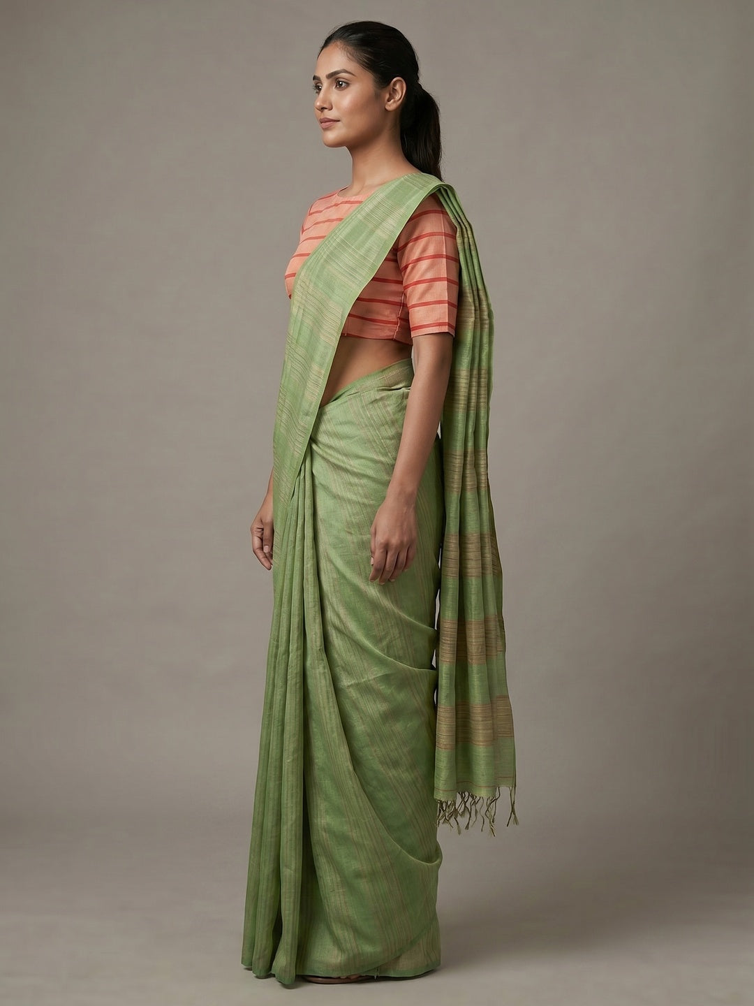 Elegant Green Cotton Silk Saree with Subtle Stripes - Image 3