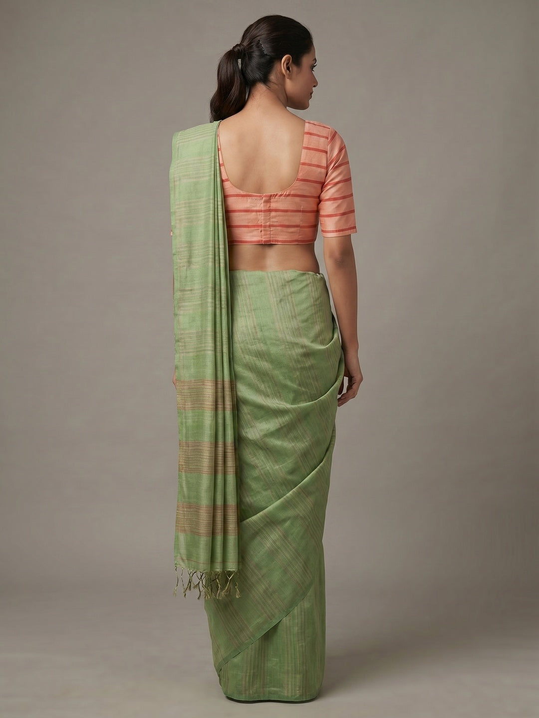 Elegant Green Cotton Silk Saree with Subtle Stripes - Image 2