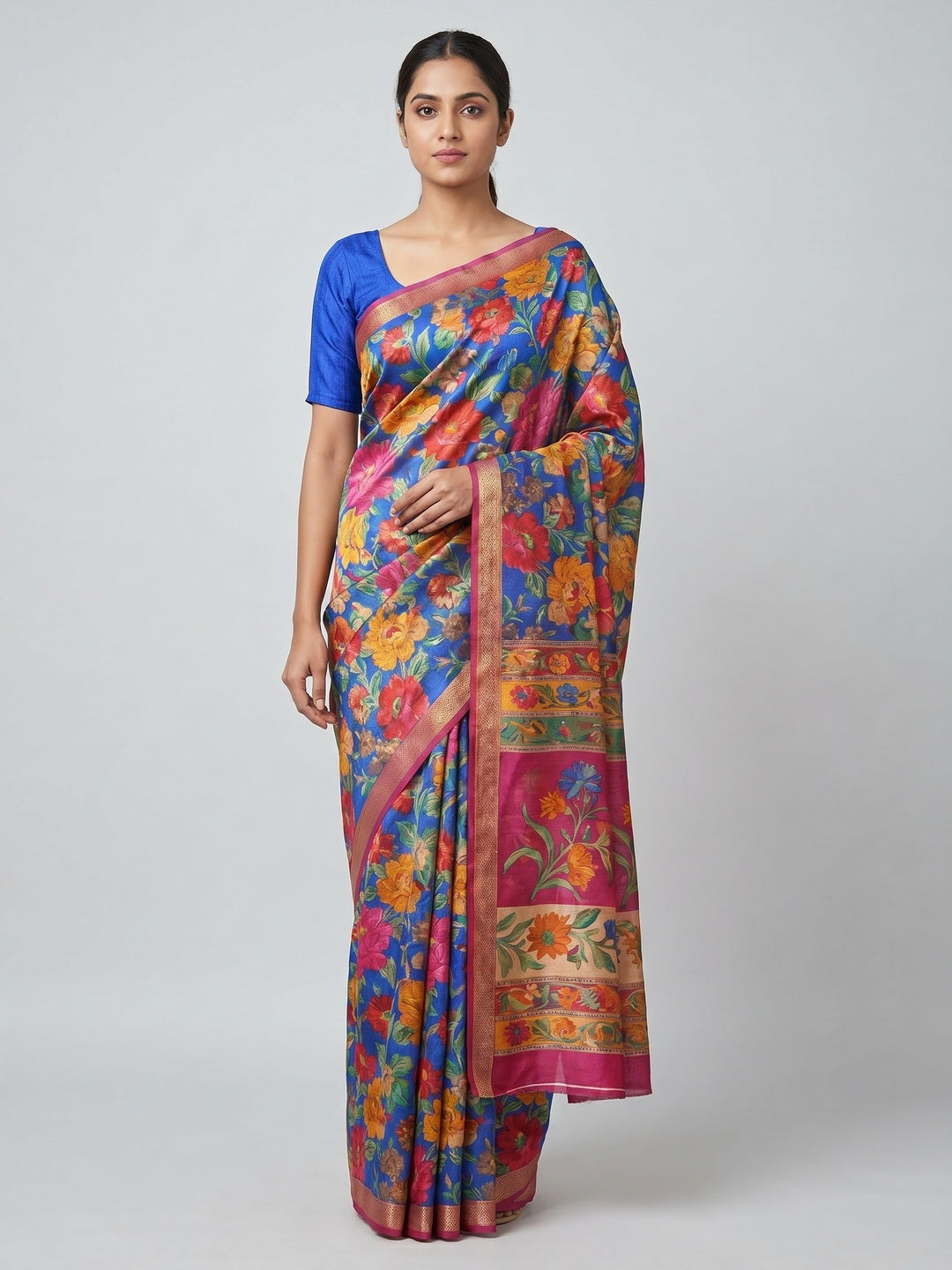 Multicolor Bhagalpuri Silk Saree with Elegant Floral Prints - Image 1
