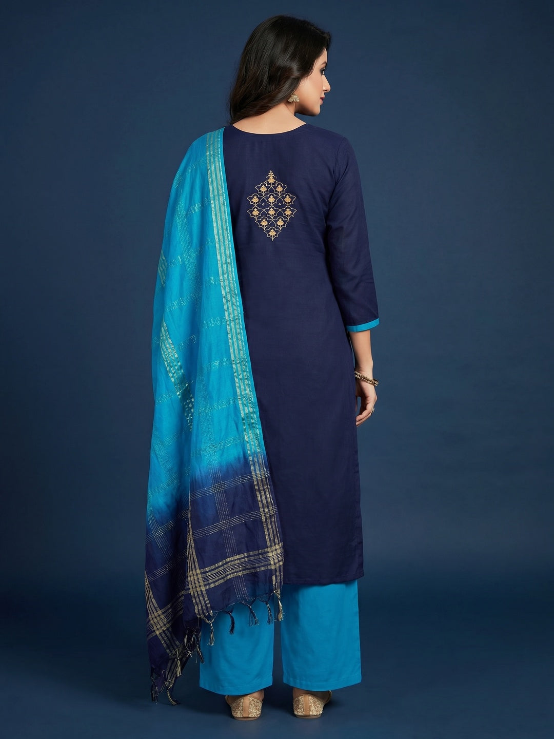 Blue Embroidered With Embellished Cotton Blend Dress Material - Image 2