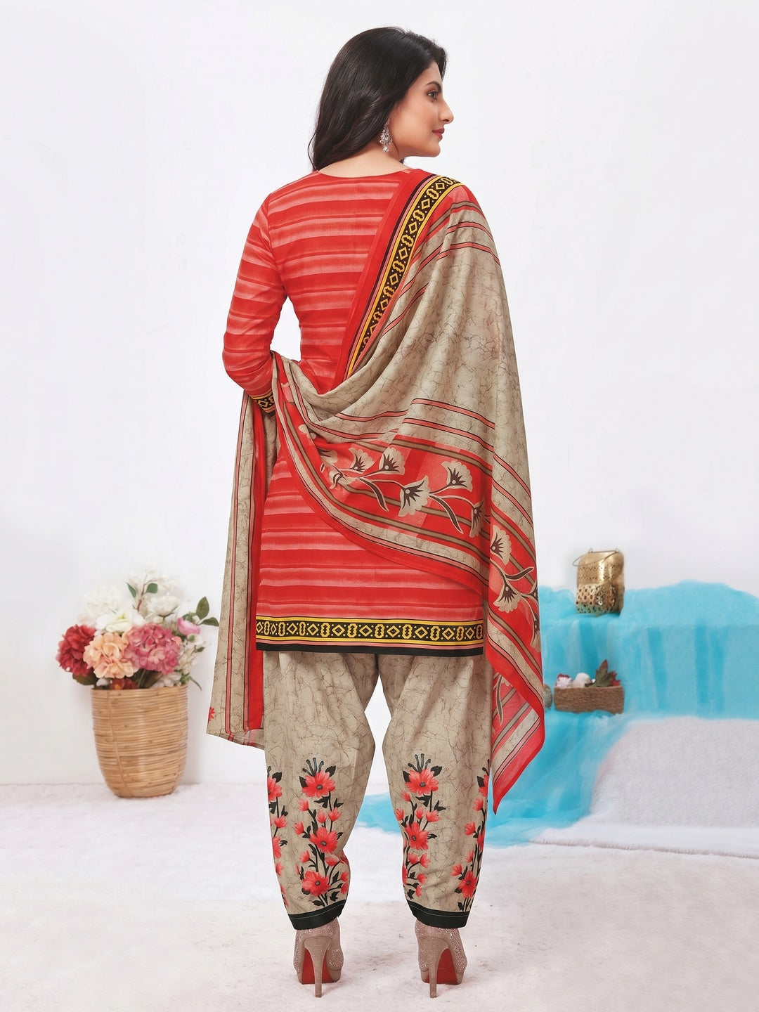 Red Printed Pure Cotton Patiala Dress Material - Image 1