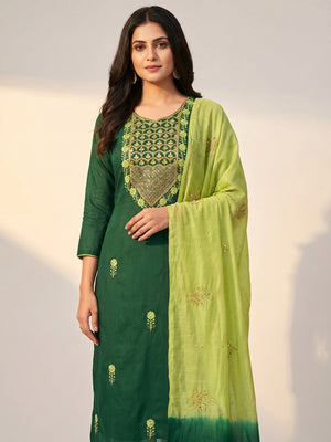 Green Embroidered With Embellished Cotton Blend Dress Material - Image 1