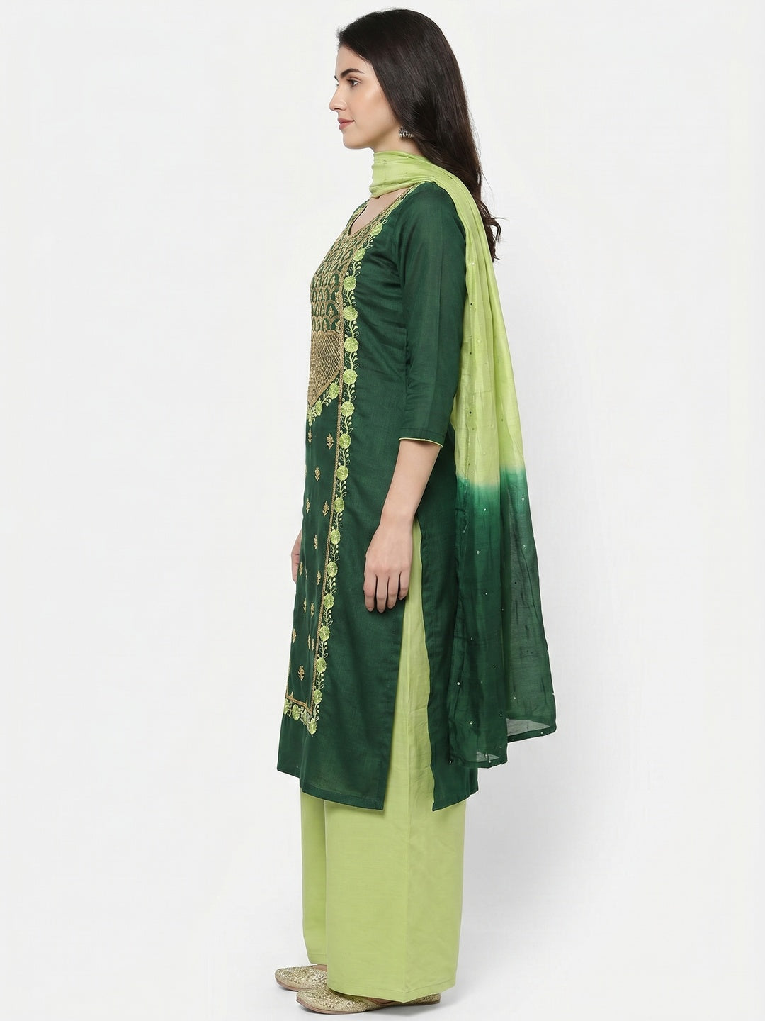 Green Embroidered With Embellished Cotton Blend Dress Material - Image 3