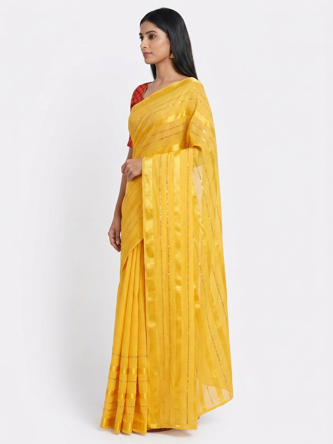 Yellow Festive Wear Stripes With Sequins Woven Work Cotton Saree - Image 3