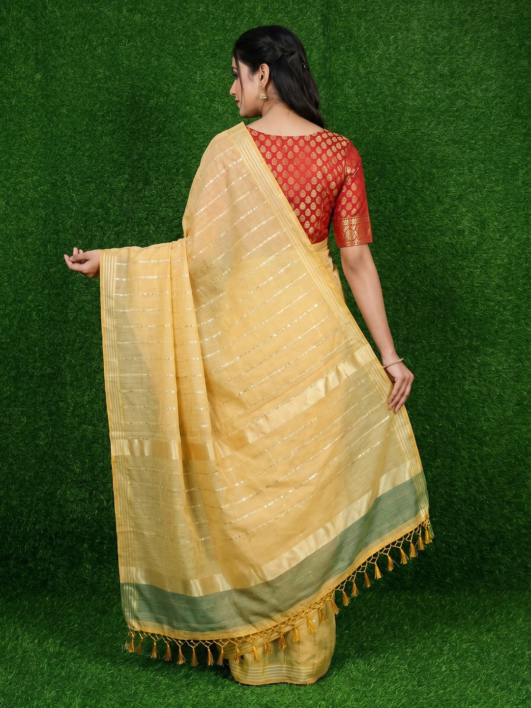 Yellow Festive Wear Stripes With Sequins Woven Work Cotton Saree - Image 4