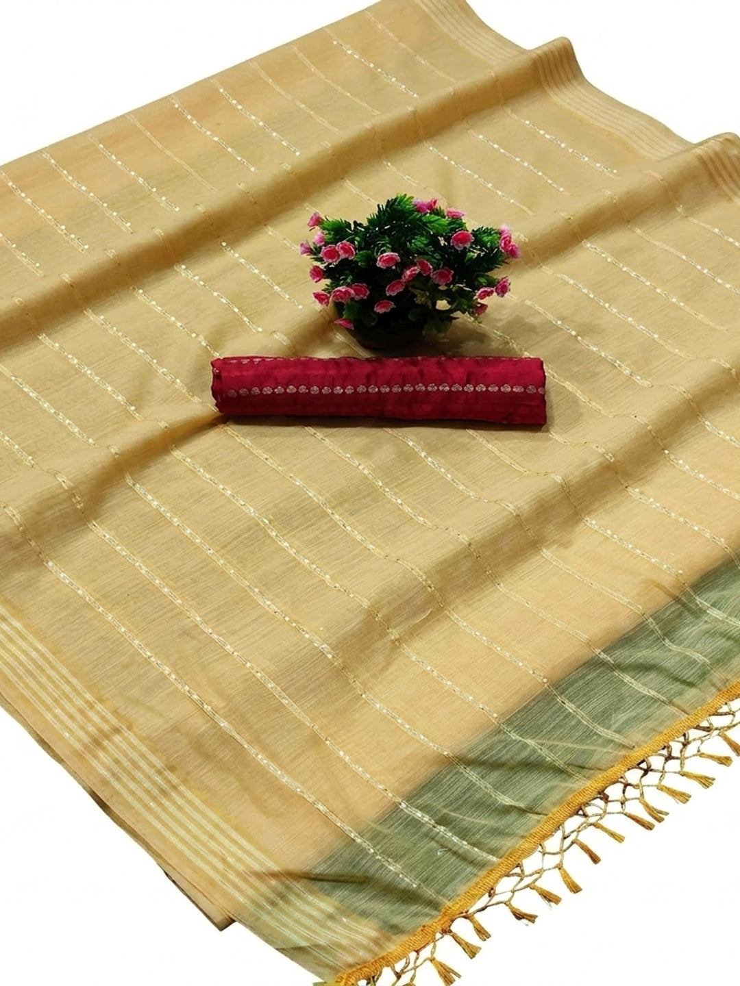 Yellow Festive Wear Stripes With Sequins Woven Work Cotton Saree - Image 2