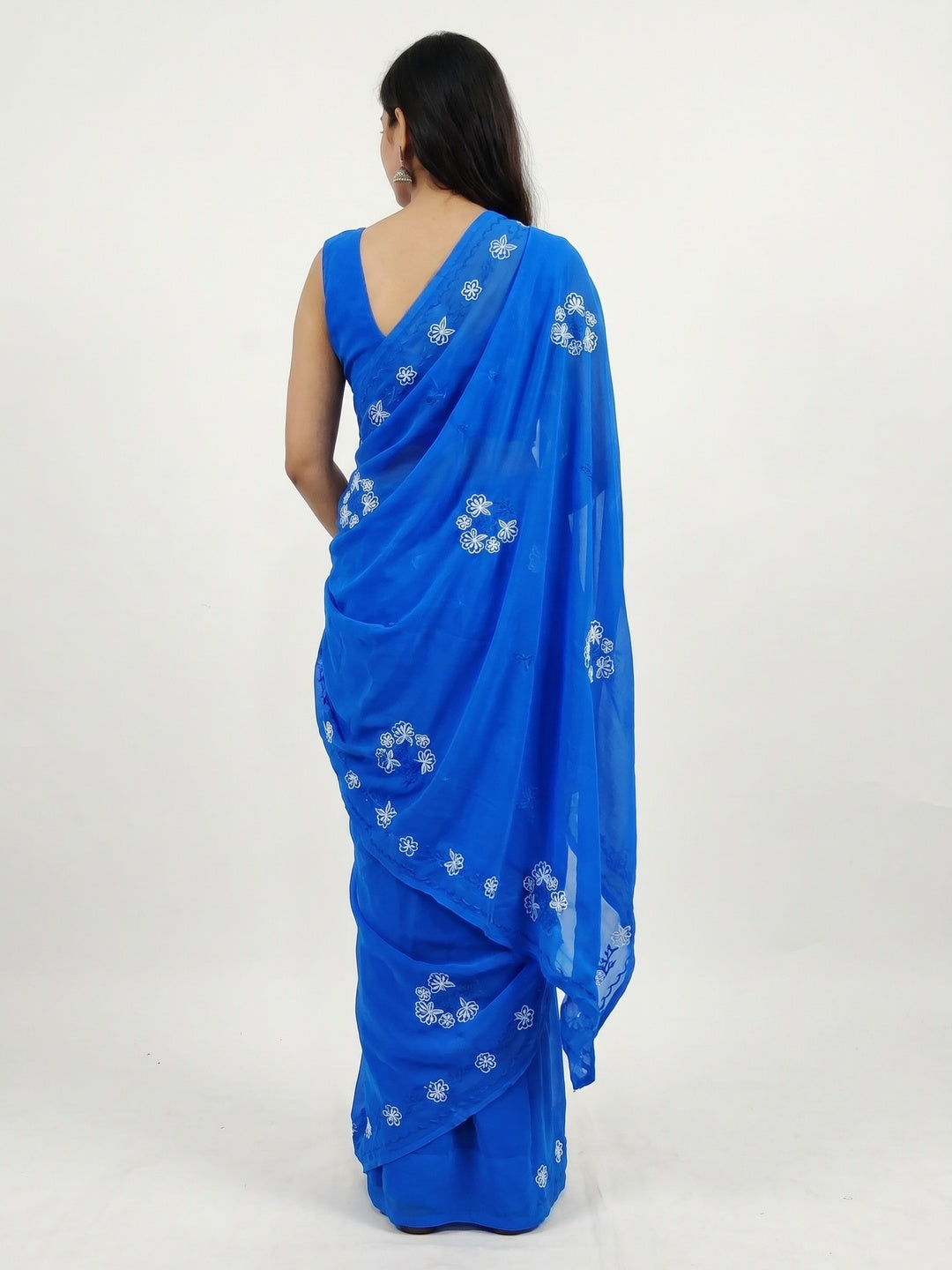 Royal Blue Casual Wear Embroidered Georgette Saree - Image 3