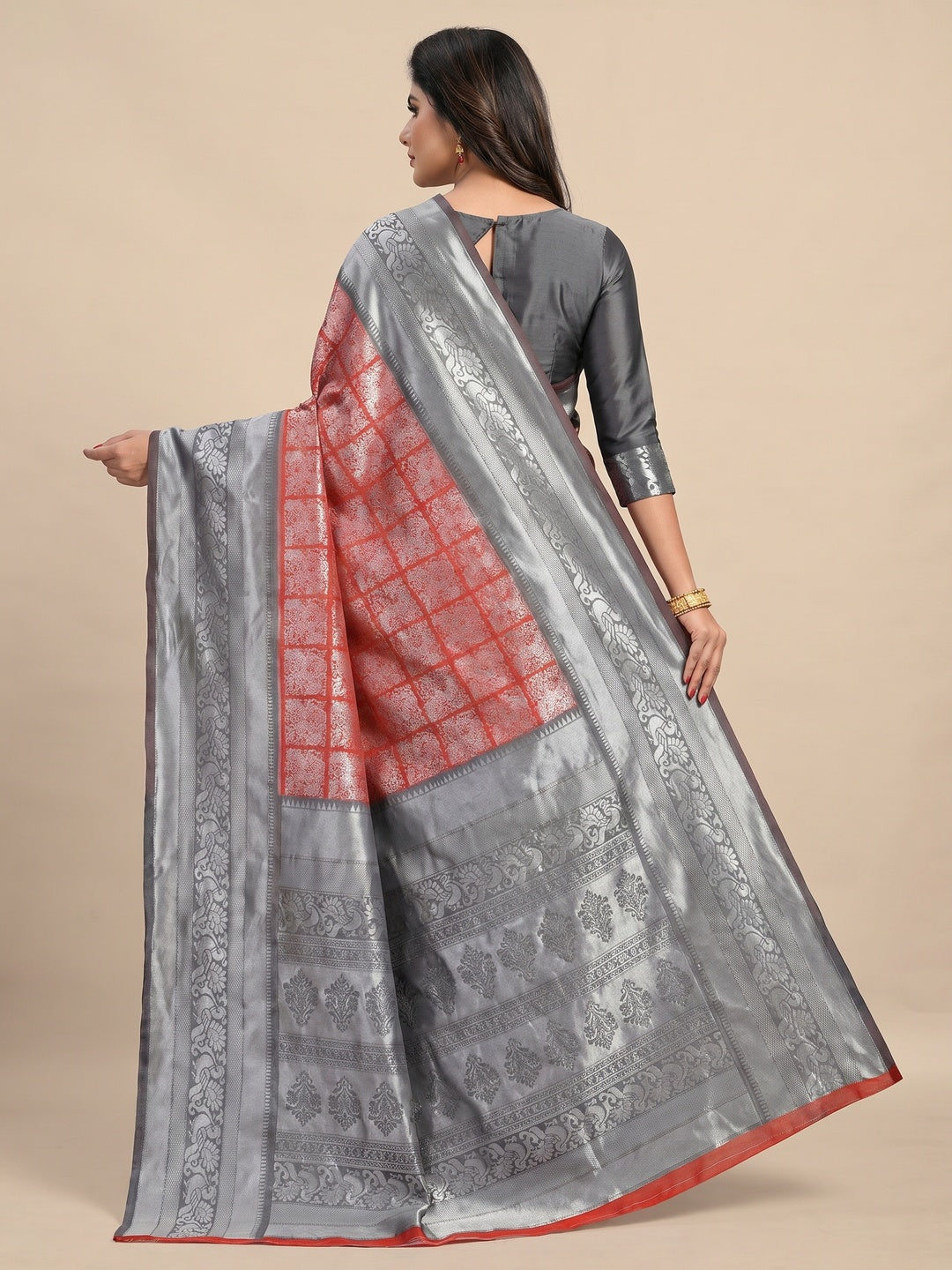 Red-Grey Festive Wear Rich Woven Border Soft Banarasi Silk Saree - Image 1