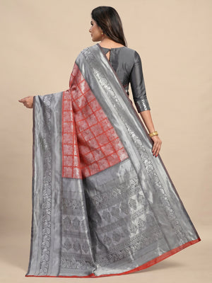 Red-Grey Festive Wear Rich Woven Border Soft Banarasi Silk Saree - Image 1