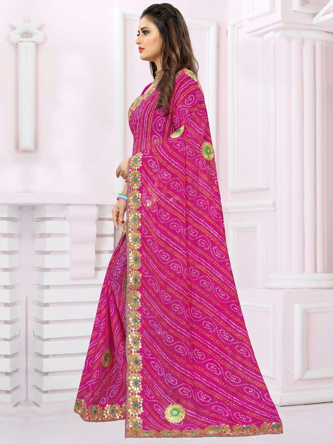 Attractive Pink Coloured Casual Wear Printed Georgette Saree - Image 1