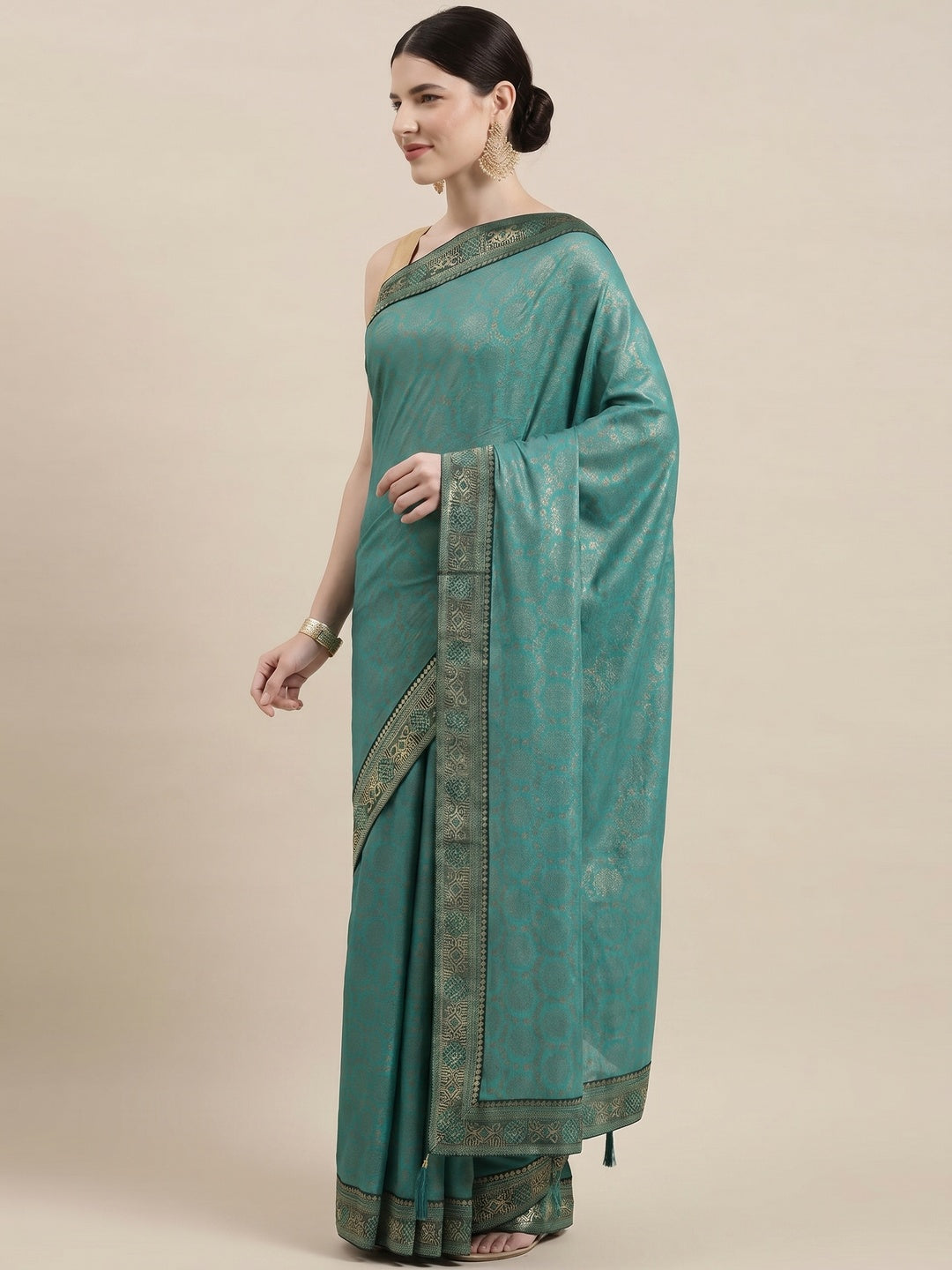 Elegant Turquoise Art Silk Saree with Traditional Zari Border - Image 3