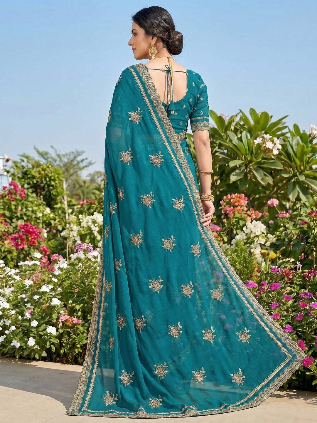 Teal Georgette Saree with Stone Work and Embroidered Floral Design - Image 3