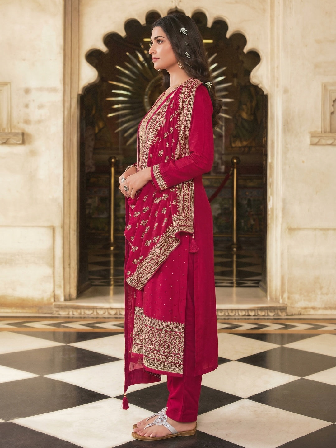 Red Embroidered With Swarovski Work Dola Silk Salwar Suit - Image 1