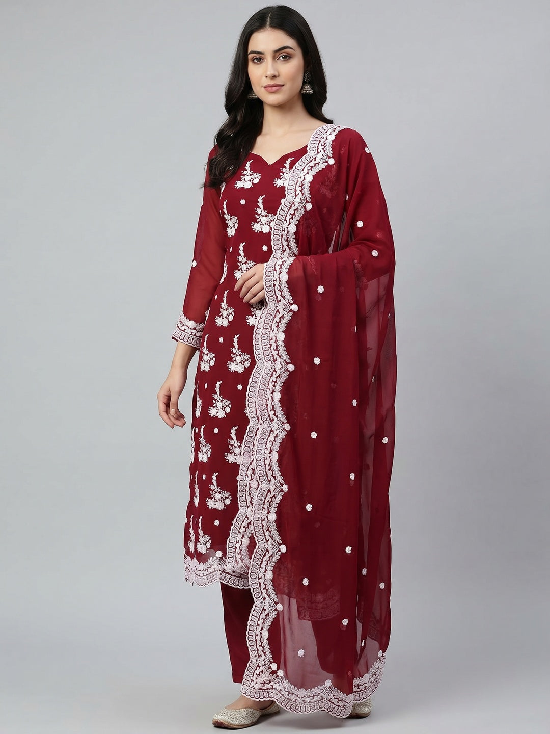 Maroon Floral Embroidered Georgette Dress Material - Image 1
