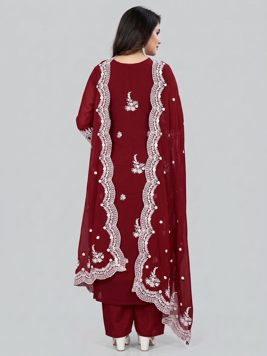 Maroon Floral Embroidered Georgette Dress Material - Image 3