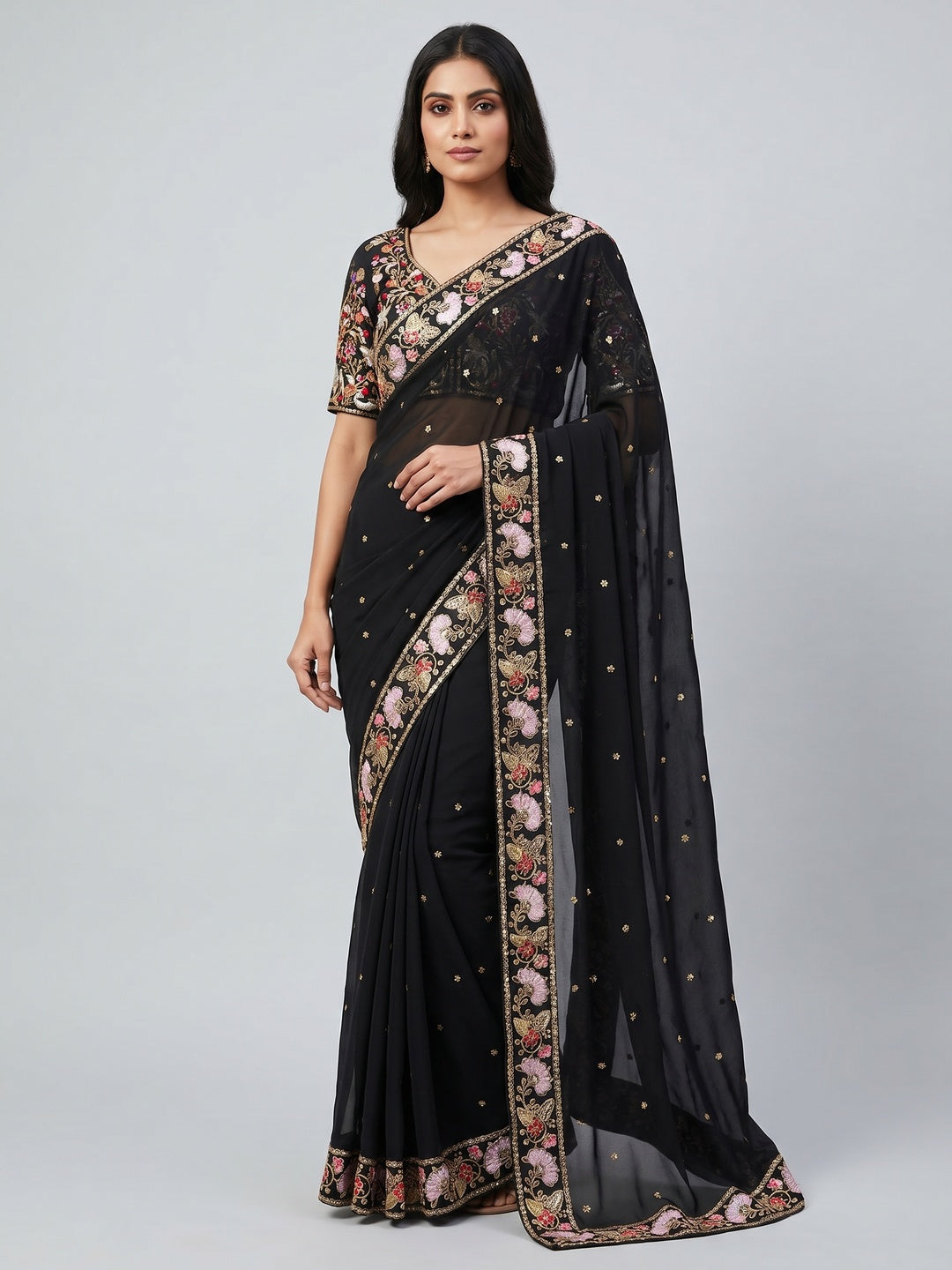 Black Embroidered Georgette Saree - Image 1