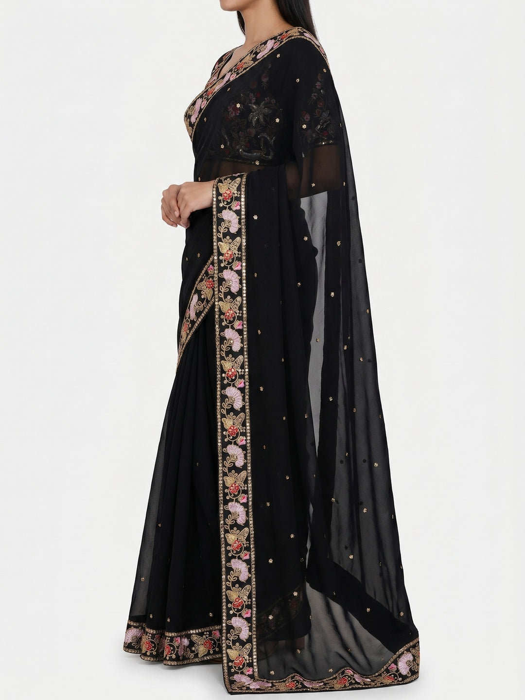 Black Embroidered Georgette Saree - Image 2