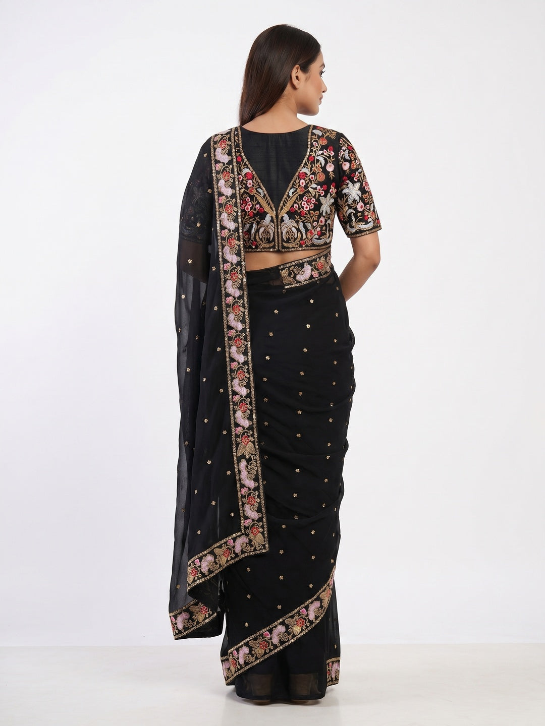 Black Embroidered Georgette Saree - Image 3