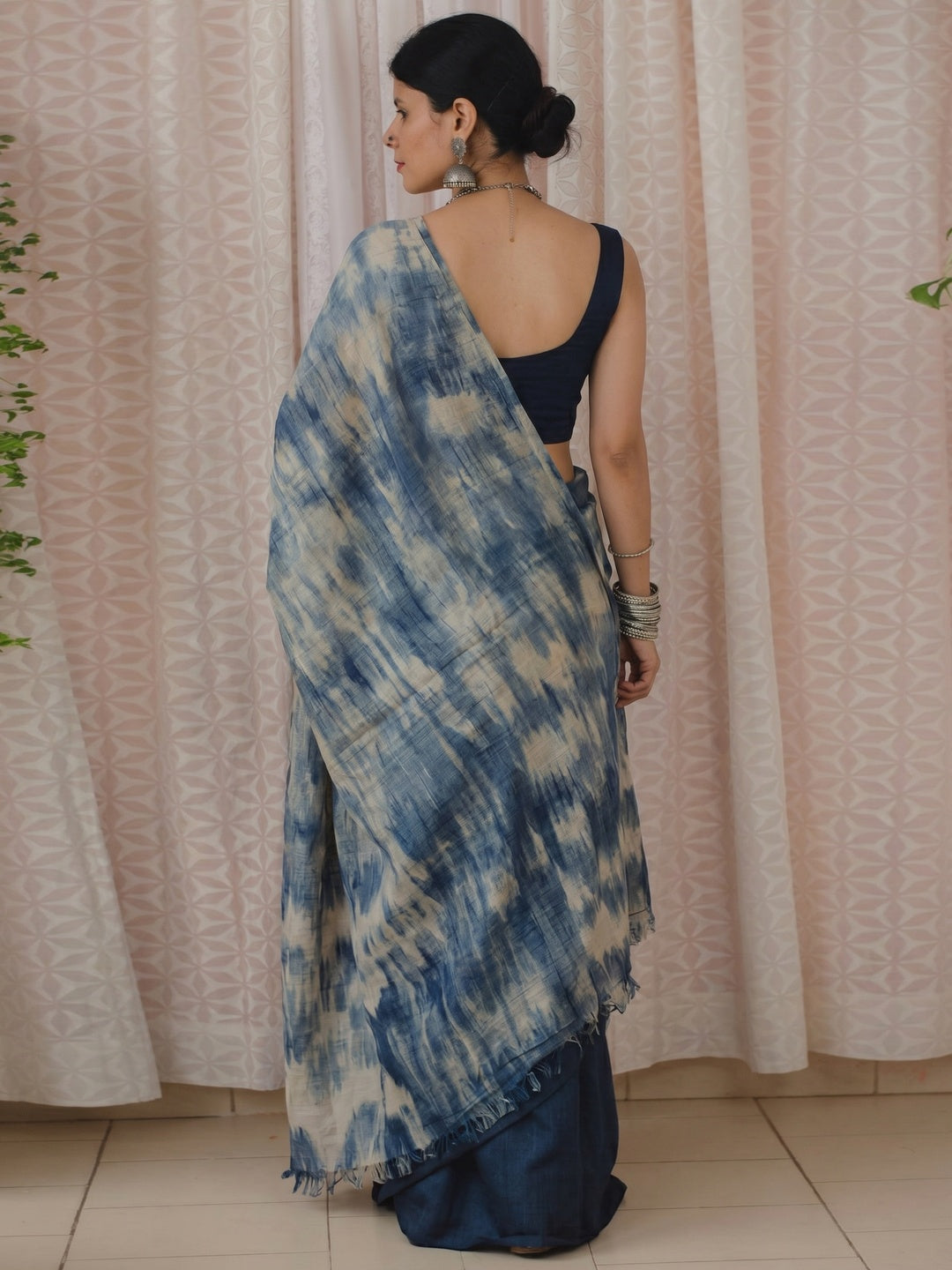 Blue Digital Printed Linen Half and Half Saree - Image 1