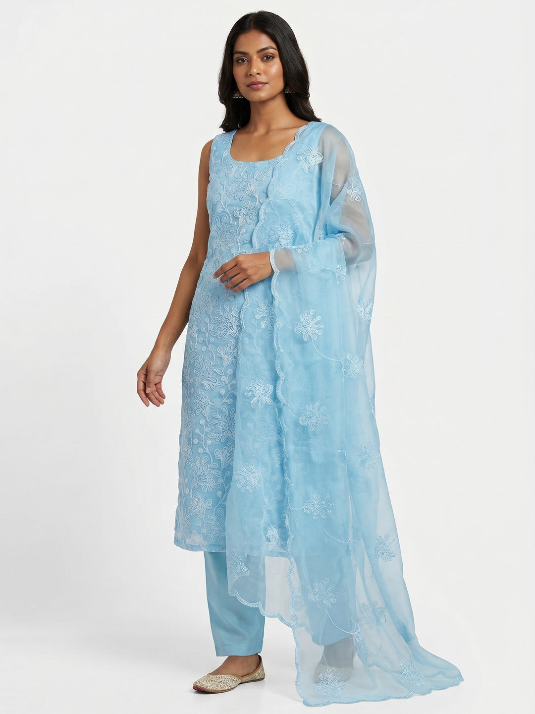 Lavender Floral Embroidered Organza Dress Material