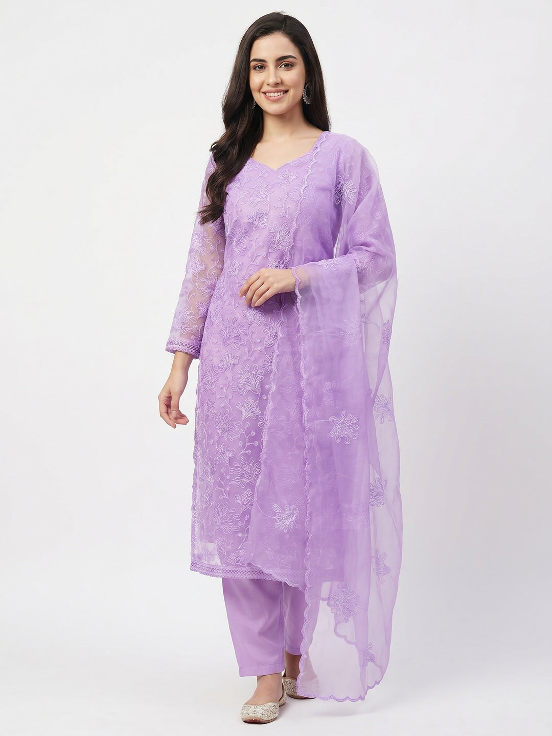 Lavender Floral Embroidered Organza Dress Material - Image 1