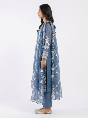 Blue Floral Embroidered Organza Dress Material - Image 2