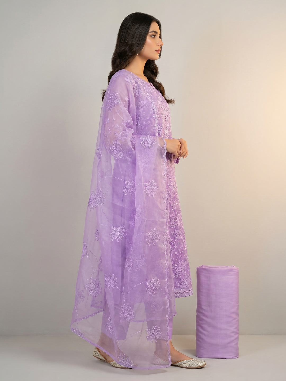 Lavender Floral Embroidered Organza Dress Material - Image 2