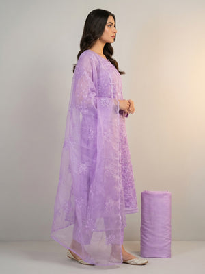 Lavender Floral Embroidered Organza Dress Material - Image 2