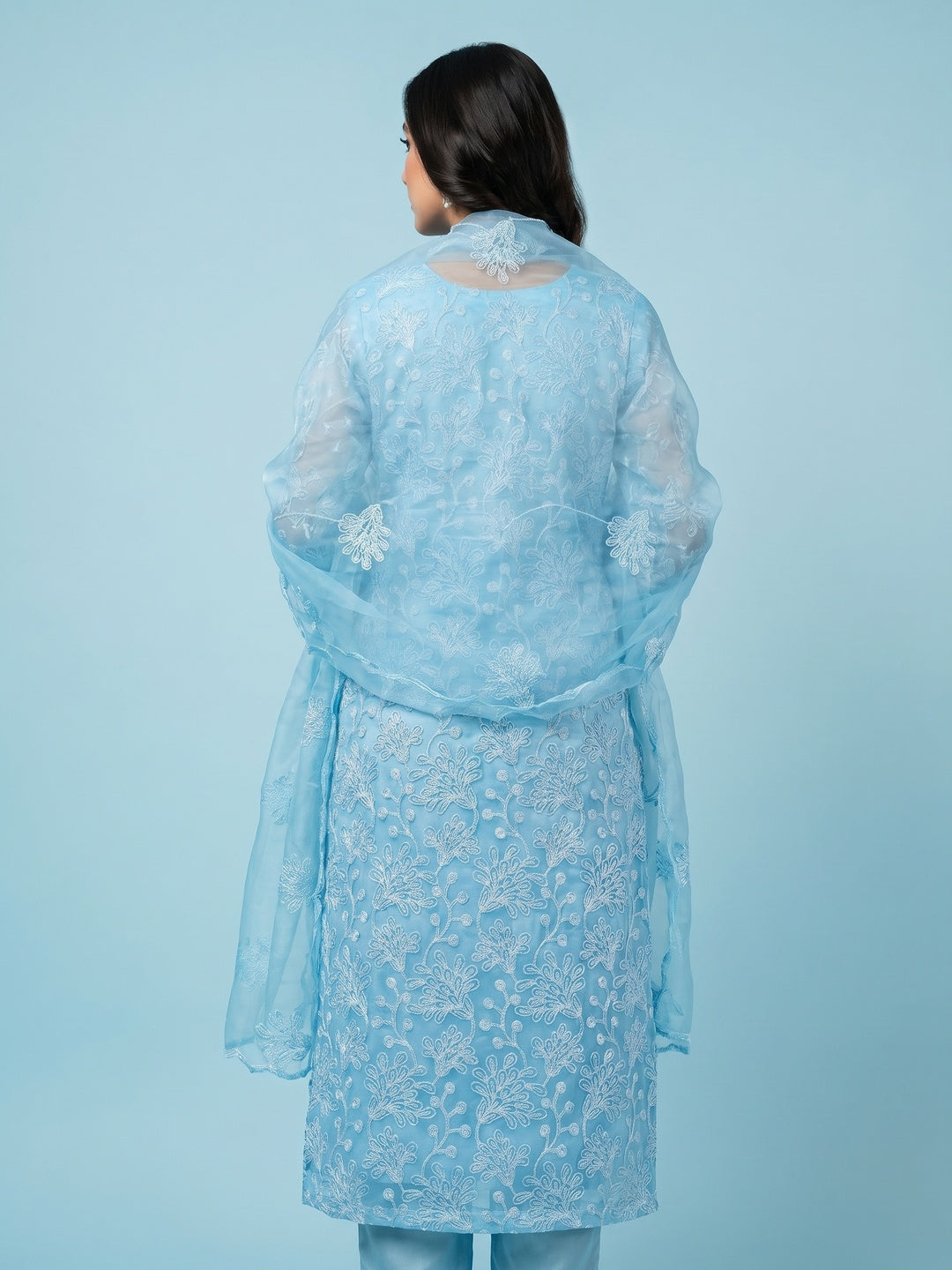 Blue Floral Embroidered Organza Dress Material - Image 3