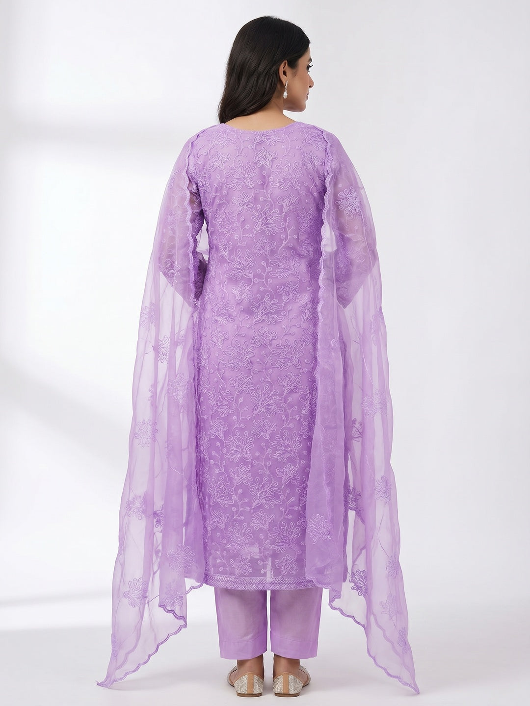 Lavender Floral Embroidered Organza Dress Material - Image 3