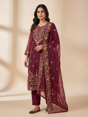 Wine Floral Embroidered Organza Dress Material - Image 1