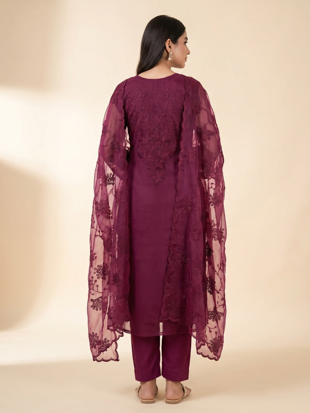 Wine Floral Embroidered Organza Dress Material - Image 3