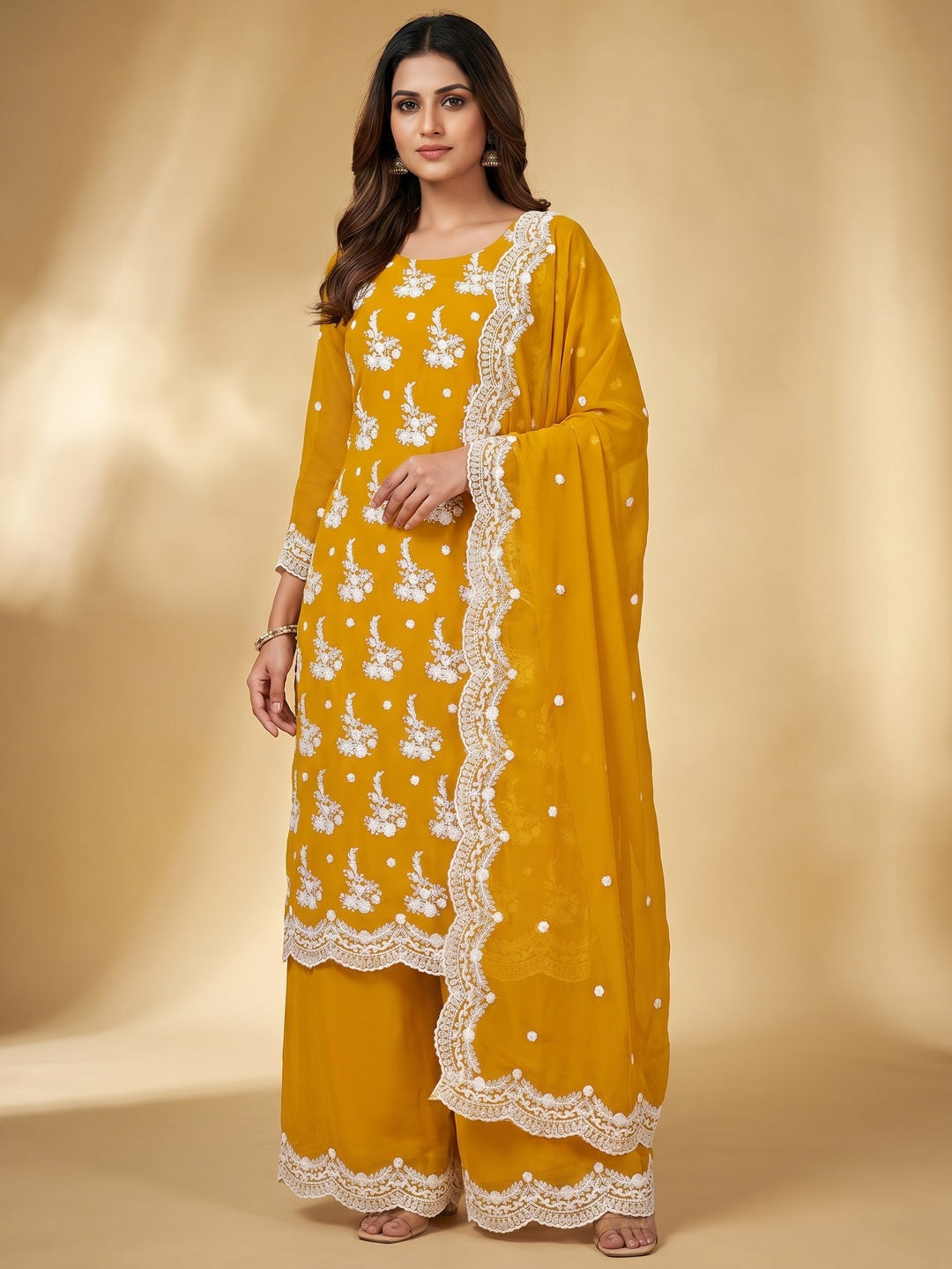 Mustard Embroidered Georgette Dress Material - Image 1