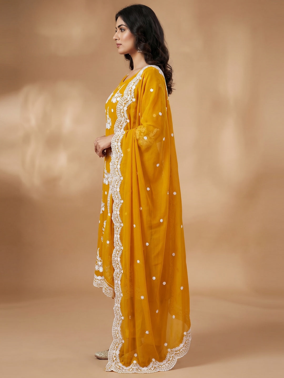Mustard Embroidered Georgette Dress Material - Image 3