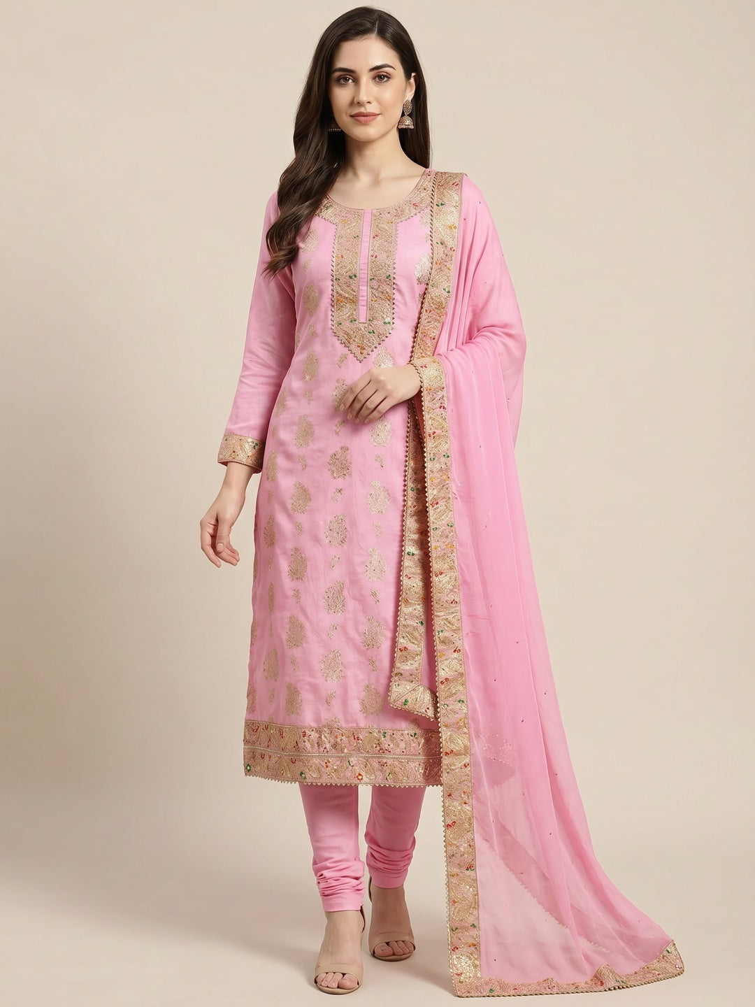 Pink Woven With Embroidered Jacquard Dress Material - Image 1