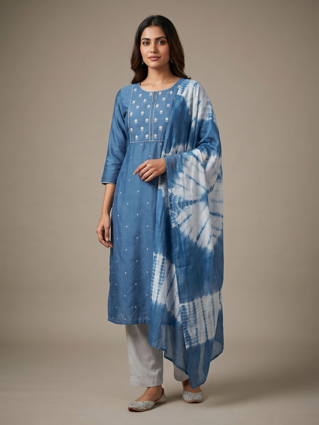Blue Floral Embroidered Cotton Silk Dress Material - Image 1