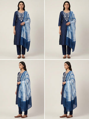 Blue Floral Embroidered Cotton Silk Dress Material - Image 2