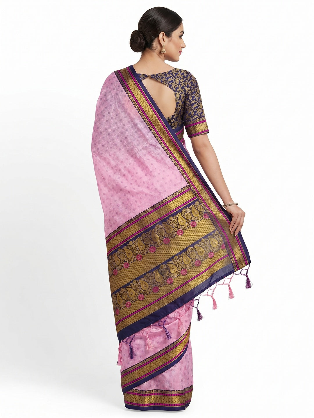 Baby Pink Woven Cotton Silk Saree With Tassels - Image 2
