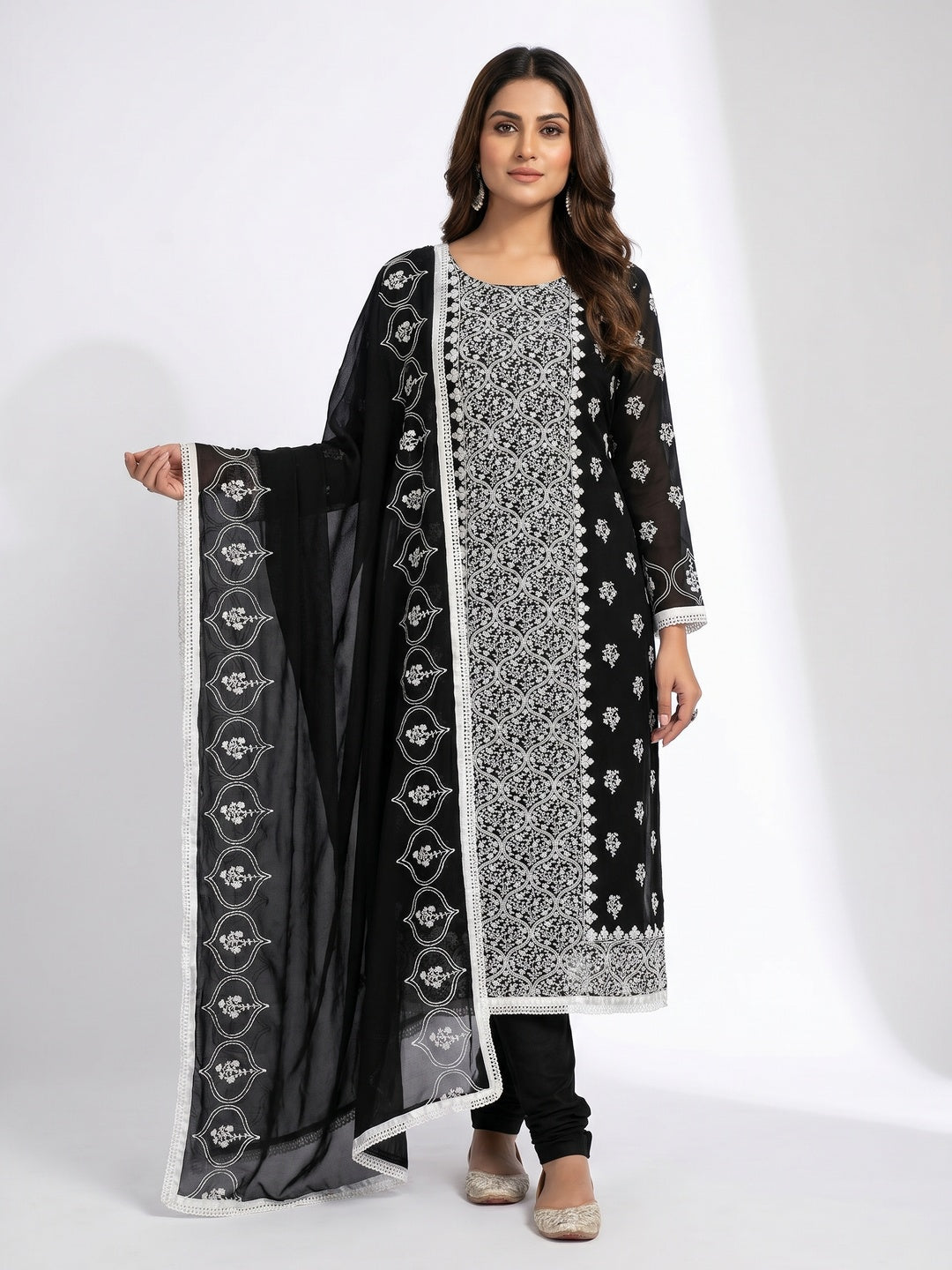 Black Floral Embroidered Georgette Dress Material - Image 1