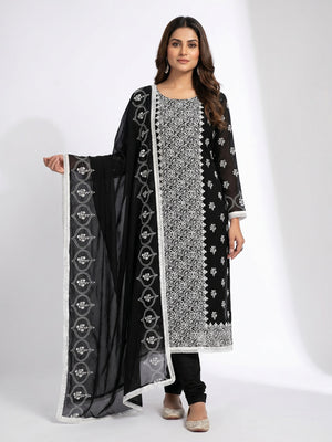 Black Floral Embroidered Georgette Dress Material - Image 1