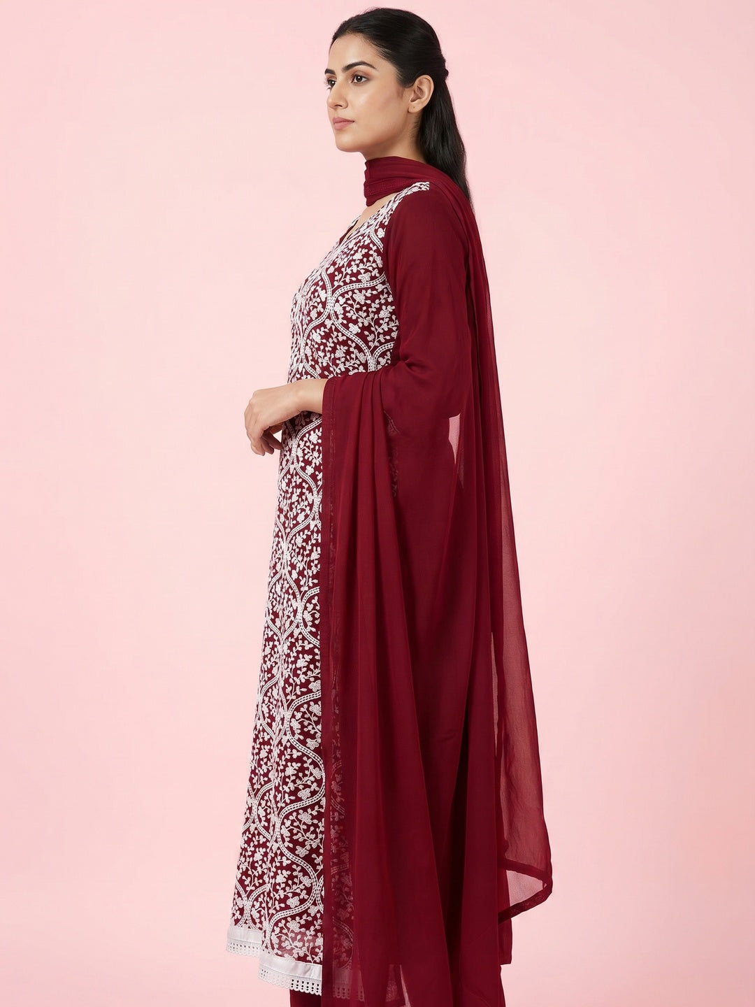 Maroon Floral Embroidered Georgette Dress Material - Image 2