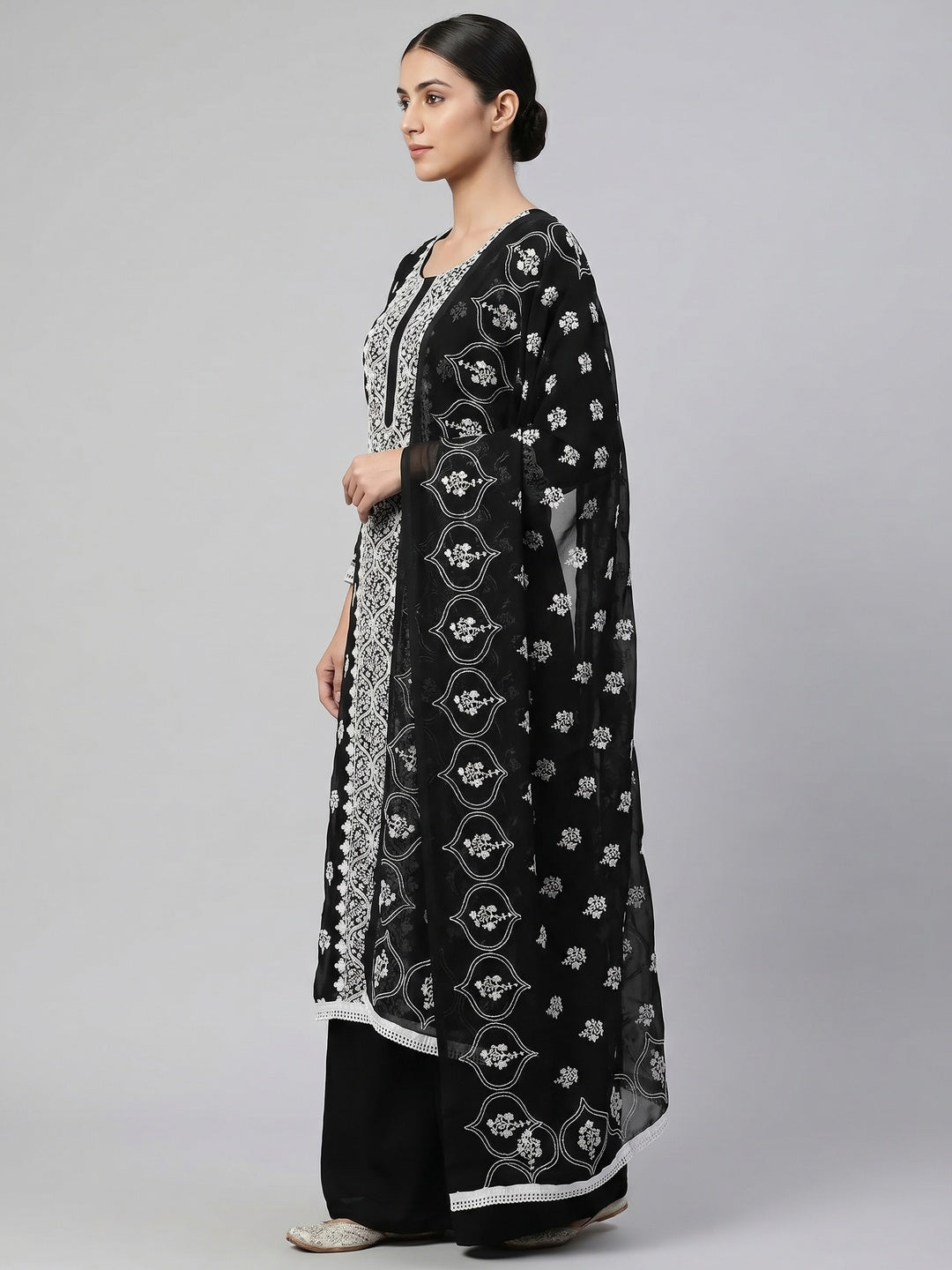 Black Floral Embroidered Georgette Dress Material - Image 3