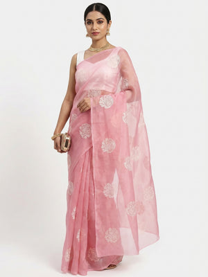 Light Pink Embroidered Organza Saree - Image 1