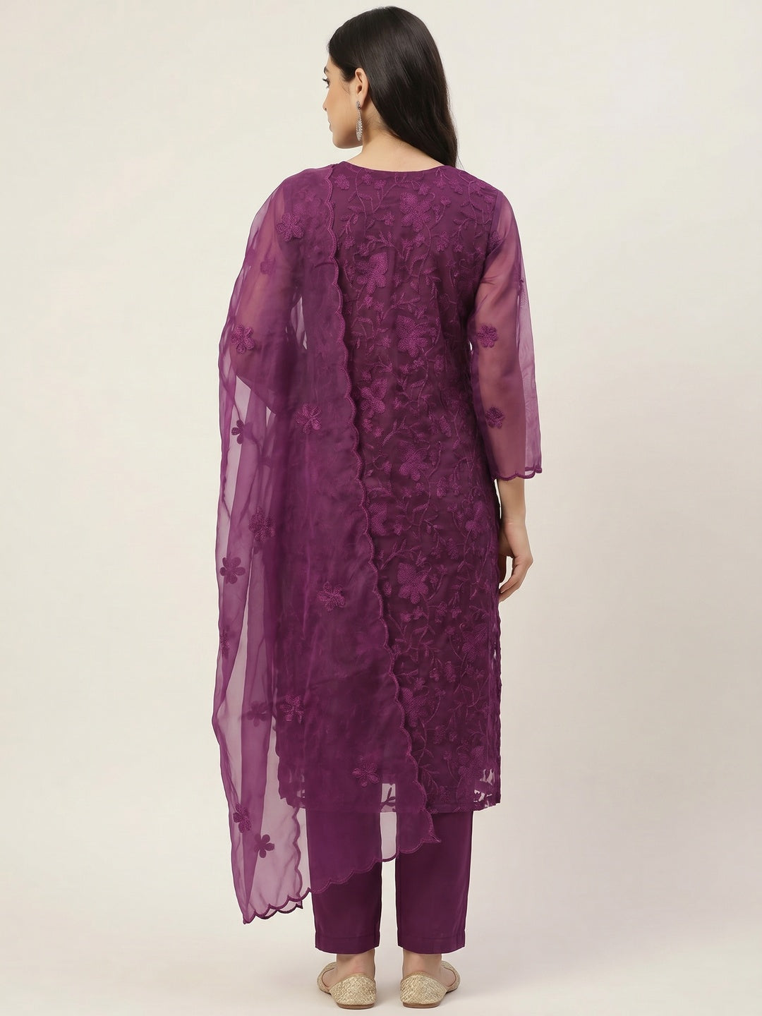 Purple Floral Embroidered Organza Dress Material - Image 3