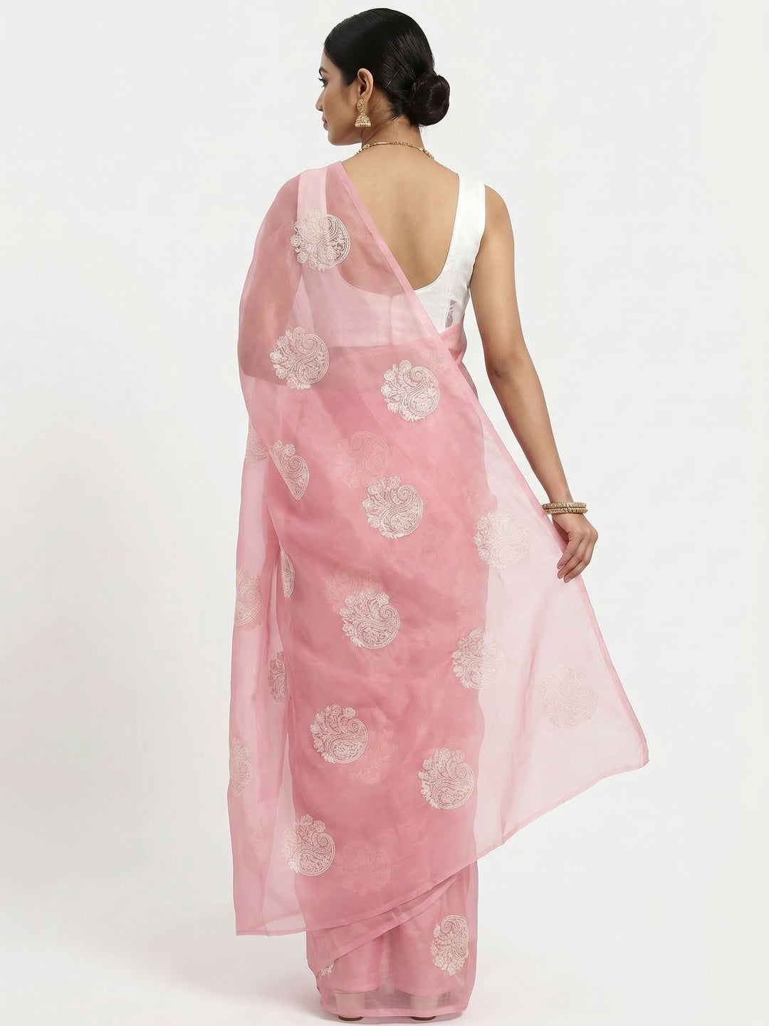 Light Pink Embroidered Organza Saree - Image 3