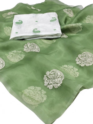 Green Embroidered Organza Saree - Image 2