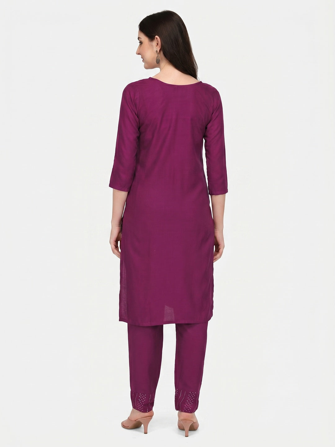 Wine Sequins Embroidered Rayon Kurti Pant Set - Image 1